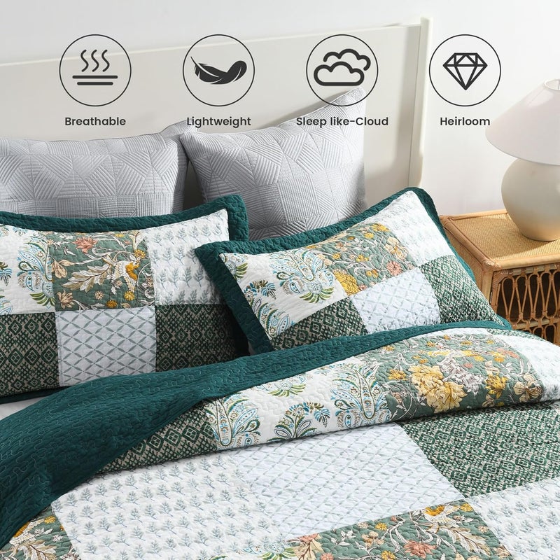Secgo Queen Comforter Set for Bed - 100% Cotton Quilts Queen Size, Green, Emerald Bedspreads (90 * 98 Inch) with 2 Pillow Shams, Patchwork Reversible Lightweight Bedding - Image 3